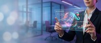 Professional businesswoman interacting with futuristic holographic interface displaying global network data and analytics in modern office environment.