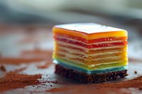 Colorful layered rainbow jelly dessert with chocolate base on rustic wooden surface, macro shot showing vibrant gelatin layers in pride flag colors.