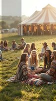 Young diverse women laughing together on blankets at outdoor music festival with illuminated tent in golden hour sunset light creating warm social atmosphere.