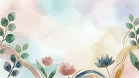 Soft watercolor floral background with pastel pink, blue, and green tones, golden botanical accents, and delicate flowers for cards or invitations.