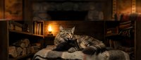 Long-haired tabby cat resting on cushion in cozy home library with warm lighting and bookshelves, perfect for pet and lifestyle content.