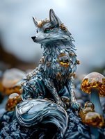Mystical blue fox spirit with amber crystal details sits among glowing mushrooms against ethereal background, fantasy art style composition for book covers and gaming art.