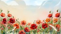 Watercolor poppy field with red and orange flowers blooming under soft sky, botanical floral meadow artwork for spring and summer nature designs.
