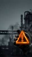 Worker holding glowing warning sign against industrial factory backdrop with smoke and pollution, symbolizing workplace hazard alert and safety concern.