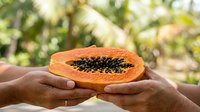 Hands holding fresh cut papaya fruit with black seeds exposed, showcasing tropical produce for food, agriculture, and healthy eating content.
