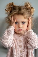 Young girl with blonde curly hair and blue eyes wearing pink knitted cardigan holds hands to head with frustrated expression against neutral background.