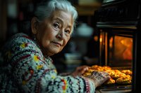 Senior Asian woman in knitted sweater baking cookies, looking at camera with warm smile while checking oven. Cozy home atmosphere with soft lighting.