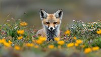 Red fox portrait among yellow wildflowers and white daisies in spring meadow, close up view of curious wild animal face peeking through blooming field.