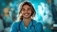 Young female healthcare professional in blue scrubs with stethoscope smiling confidently against blurred hospital background.