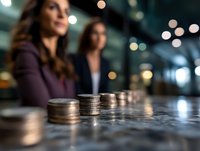 Stacks of coins arranged in ascending order on marble surface with two businesswomen in background, symbolizing financial growth and investment planning.