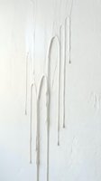 White paint drips flowing down a textured wall, creating a minimalist monochrome abstract art effect with subtle shadows and depth.