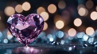 Pink heart-shaped crystal against blurred bokeh lights background creating romantic atmosphere, luxury jewelry detail with soft reflections and sparkles.