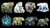 Watercolor bear collection featuring brown, polar, and black bears with forest and mountain landscapes integrated into their silhouettes, plus paw print design. Isolated on transparent background, ready for t-shirts, stickers, clipart, sublimation, and print-on-demand projects.