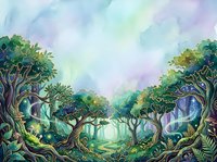 Enchanted forest pathway with ancient trees, lush foliage, and magical light filtering through canopy, suitable for fantasy illustrations, children's books, and game backgrounds.