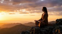 Young woman meditating on mountain peak at golden sunset with dramatic sky and layered mountain ranges creating peaceful spiritual wellness scene.