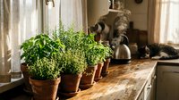 Fresh herbs growing in terracotta pots on rustic wooden kitchen windowsill with natural sunlight streaming through linen curtains creating cozy atmosphere.