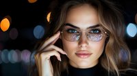 Young attractive Caucasian woman wearing stylish eyeglasses at night with colorful bokeh lights background, portrait shot for fashion and lifestyle concepts.