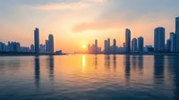 Modern city skyline with tall skyscrapers silhouetted against orange sunset sky, reflecting in calm water surface during golden hour. Peaceful urban waterfront scene.