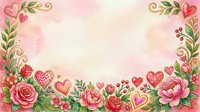 Romantic floral frame with red roses, peonies, and decorative hearts on soft pink watercolor background. Isolated design element for wedding invitations, greeting cards, and Valentine's Day projects.