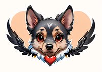 Cute chihuahua dog with black wings and red heart, cartoon style character on peach background. Decorative pet portrait for valentines cards and romantic designs.