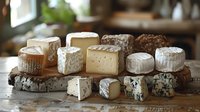 Gourmet cheese board with variety of artisanal cheeses displayed on rustic wooden platter in cozy kitchen setting.