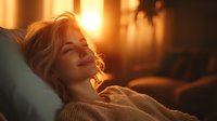 Young blonde woman relaxing on couch at sunset, warm golden light streaming through window, wearing cozy knit sweater, peaceful expression.