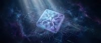 Futuristic AI processor chip with neural network connections glowing in cosmic digital space with circuit patterns and light beams for technology concepts.