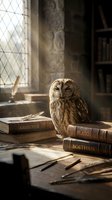 Wise owl perched on ancient philosophy books in medieval library with sunbeams streaming through diamond-paned window creating magical scholarly atmosphere.