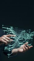 Hands holding digital tablet displaying glowing network connections, data flow visualization, and interconnected nodes for technology, communication, and digital transformation concepts.