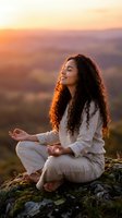 Young woman with curly hair meditating in lotus pose on mountain rock during golden hour sunset, practicing mindfulness and yoga outdoors in nature.