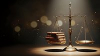 Golden scales of justice with law books on wooden surface against dark background with warm bokeh lights for legal and judicial concepts.