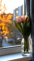 Pink tulips in glass vase on windowsill at sunset with warm autumn bokeh background through window, creating cozy home atmosphere and natural lighting.