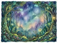 Enchanted forest clearing at night with glowing magical lights, crescent moon, and mystical atmosphere surrounded by ornate twisted trees and lush vegetation for fantasy and whimsical design projects.