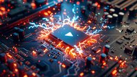 Glowing microchip with electric discharges on circuit board, orange and blue light effects create futuristic technology visualization for computing concept.