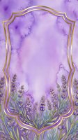 Lavender flowers frame ornate golden border on watercolor purple background, isolated design element for invitations, greeting cards, stationery, and decorative projects.