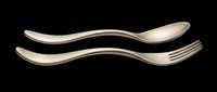 Elegant gold matte spoon and fork set isolated on transparent background, ready for menu design, kitchen clipart, restaurant branding, stickers, and print on demand projects.