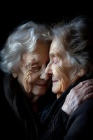 Elderly twin sisters sharing intimate moment, laughing together against dark background. Close-up portrait shows deep wrinkles and white hair, expressing joy and connection.