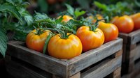 Fresh yellow heirloom tomatoes lined up in rustic wooden crate, green leaves and vines visible, moody natural lighting creates farm-to-table atmosphere.