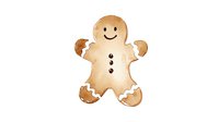 Watercolor gingerbread man cookie with white icing decoration and happy smiling face, isolated on white background for holiday designs and greeting cards.
