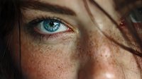 Close-up portrait of young Caucasian woman with striking blue eyes and natural freckles. Soft lighting highlights facial features for beauty campaigns.