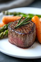 Juicy medium rare beef tenderloin steak garnished with fresh rosemary sprig, served with baby carrots and asparagus on white plate, close-up view of gourmet meal.