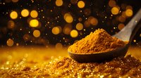 Ground turmeric powder in metal spoon with golden bokeh lights and scattered spice on dark background, aromatic seasoning for cooking and wellness.