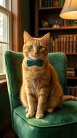 Orange tabby cat wearing blue bow tie sitting on green velvet chair in library room with bookshelves, window light, and lamp. Suitable for pet, lifestyle, and home decor projects.