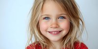 Young blonde girl with bright blue eyes and cheerful smile wearing red top against light background, perfect for family, childhood, or happiness concepts.