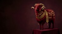 Ornate golden ram sculpture with intricate decorative patterns standing on wooden platform against deep burgundy background for luxury decor concepts.