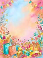 Colorful celebration background with gift boxes, shopping bags, stars, and festive bunting on watercolor gradient. Perfect for birthday, party, and holiday designs.
