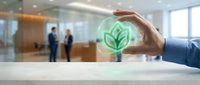 Businessman hand protecting green eco leaf symbol in modern office environment representing environmental responsibility and sustainable business practices.