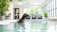 Brown dog enjoying hydrotherapy session in indoor pool, view from water level showing rehabilitation facility with large windows and plants, wellness concept.