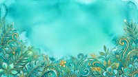 Turquoise watercolor background with ornamental gold and green botanical border design, suitable for invitations, cards, and decorative projects.