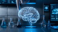 Scientist hand holding glowing digital brain hologram in modern laboratory with medical equipment and monitors in background for neuroscience research.